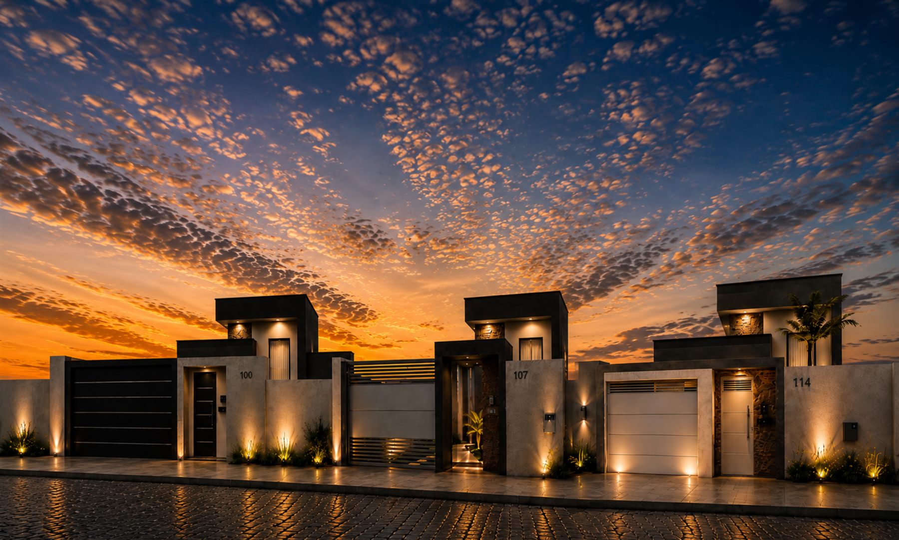 Fachada de casas modernas da Construtora Planejar ao entardecer