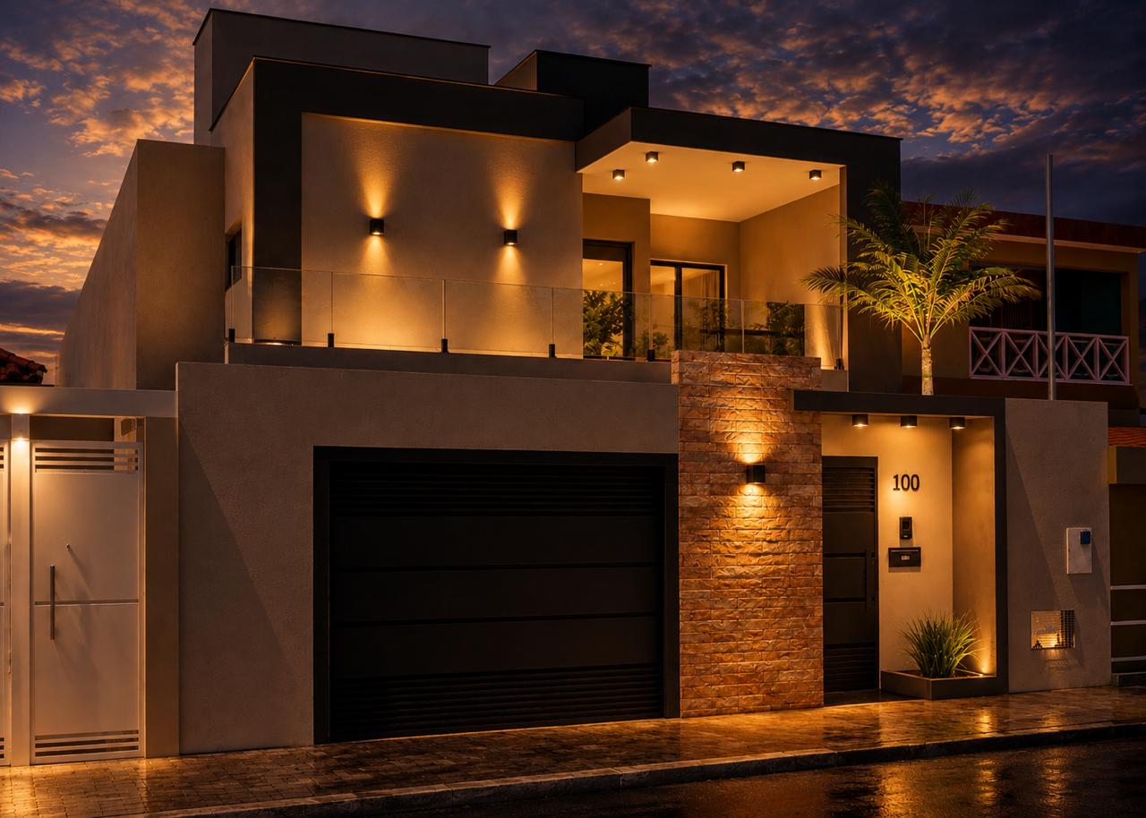 Obra 07 fachada iluminada ao entardecer
