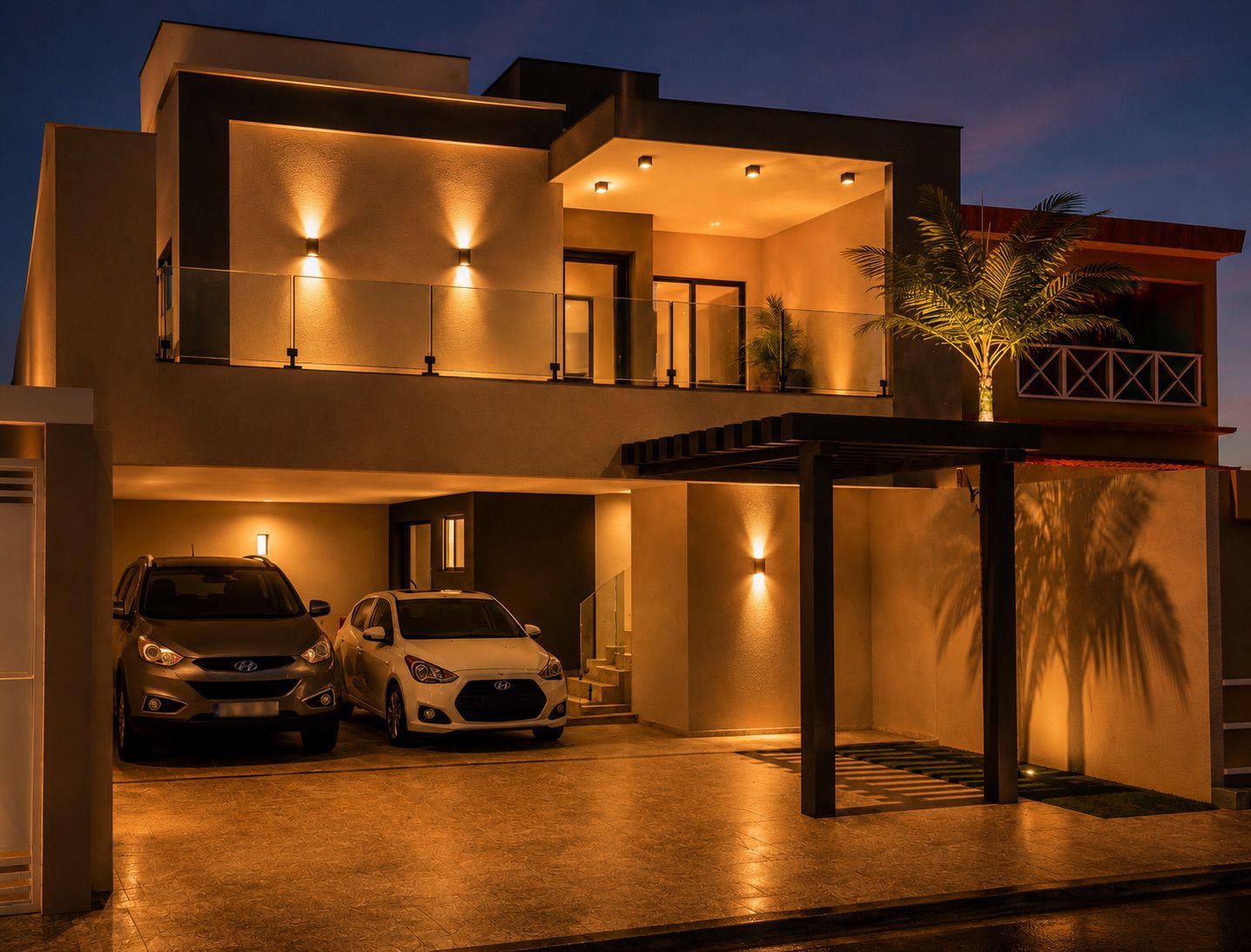 Obra 07 fachada noturna com garagem